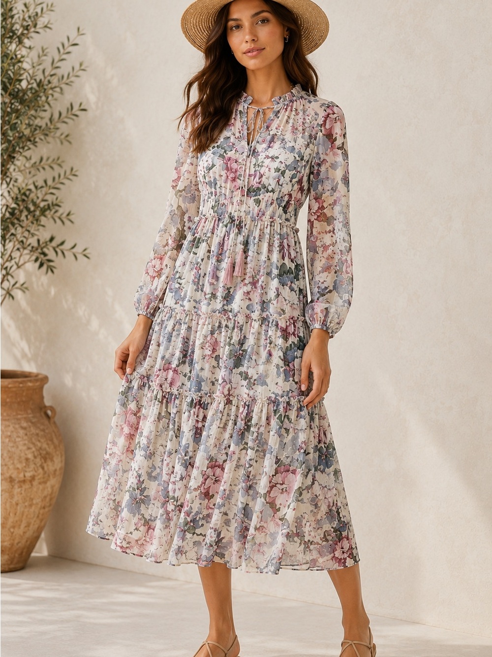 OPT Cream Floral Tiered Boho Midi Dress Sheer Long Sleeve Romantic Cottagecore S